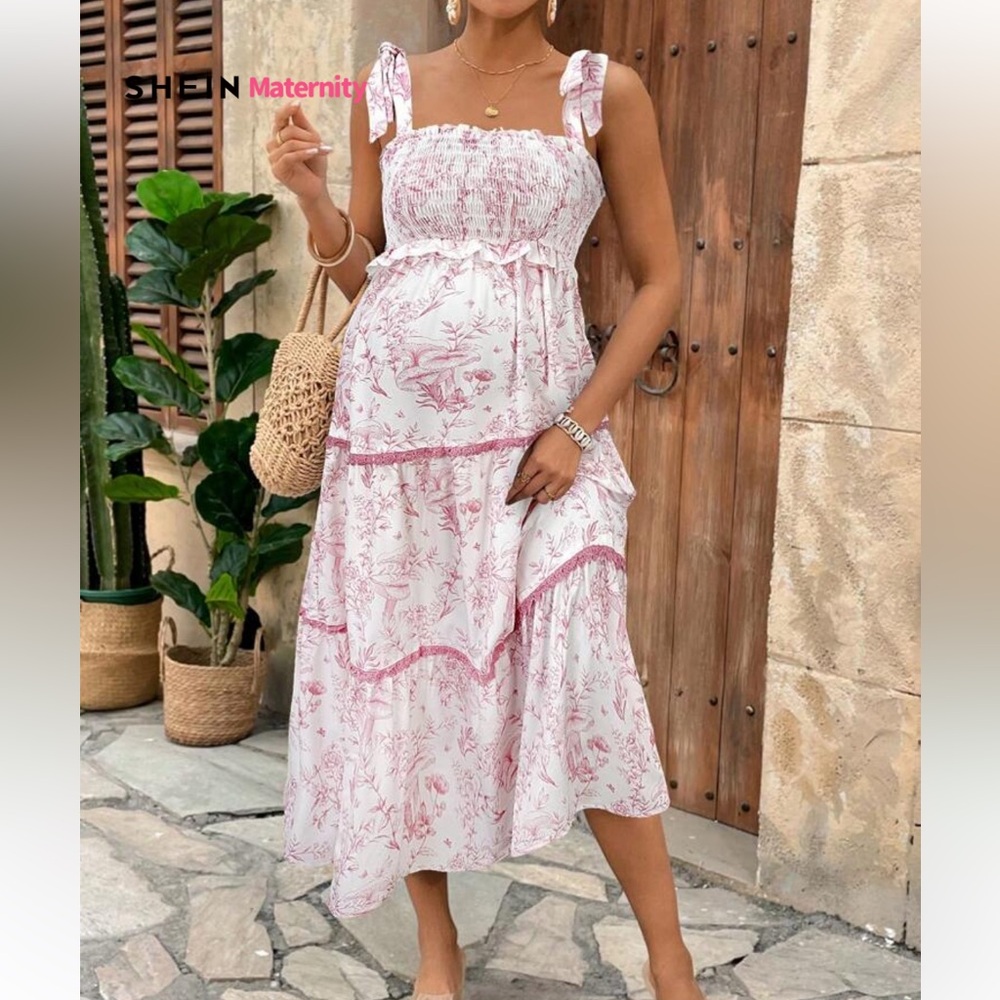 SHEIN Floral Tie-Up Plus Size Maternity Ruffled Strap Casual Dress